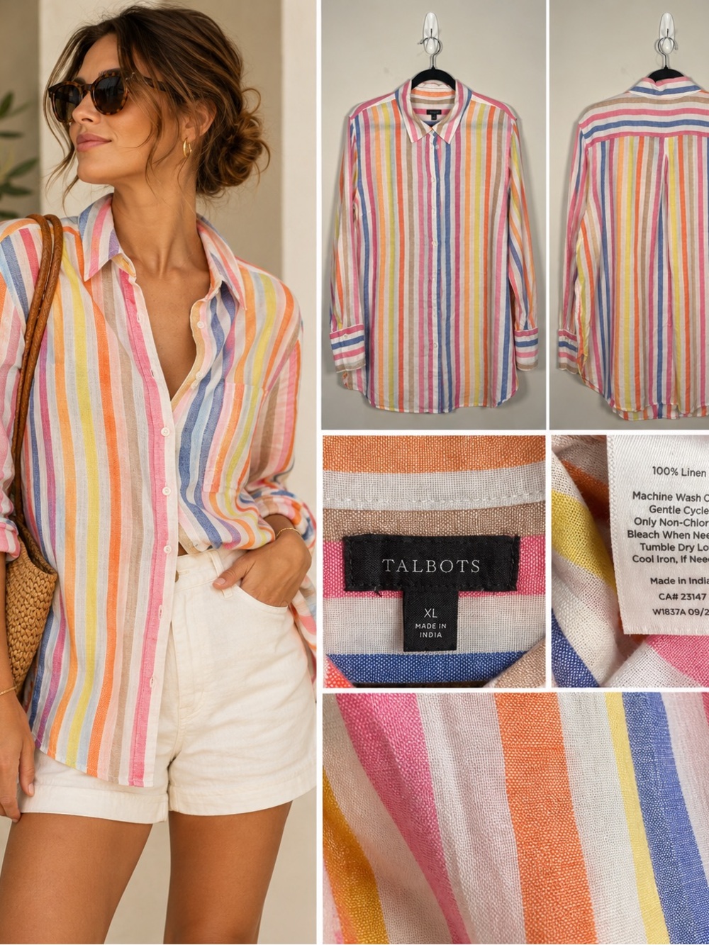 Talbots 100% Linen Multicolor Striped Button Down Shirt XL